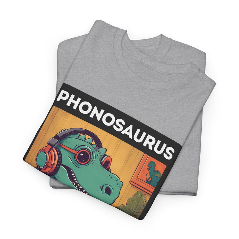 'Phonosaurus' Men's Vinyl T-Shirt, showing reverse