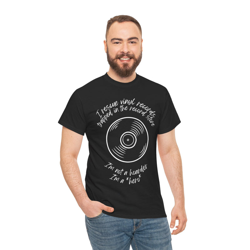 'I'm Not a Hoarder, I'm a Hero' Men's Vinyl T-Shirt, rear view