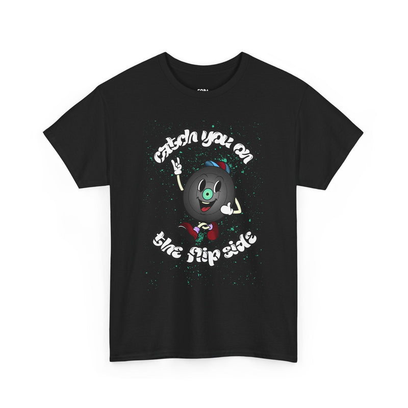 'Catch You On The Flip Side' Men's Vinyl T-Shirt, size reference