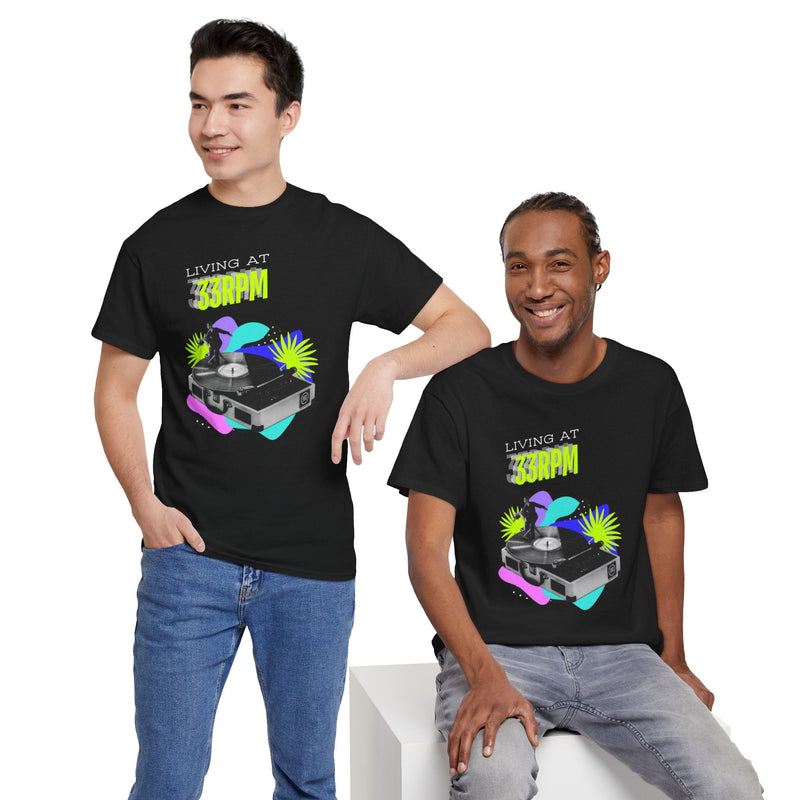 'Living at 33rpm' Flouro Men's T-Shirt, close-up detail