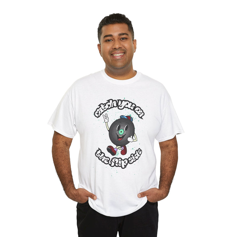 'Catch You On The Flip Side' Men's Vinyl T-Shirt, in display