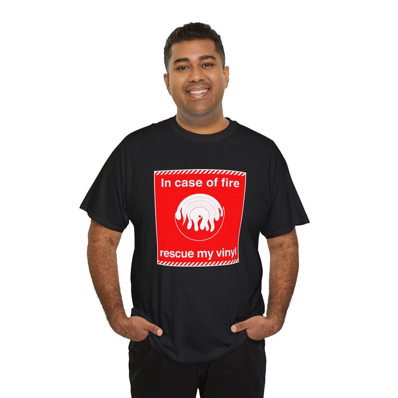 'In Case of Fire, Save My Vinyl' T-Shirt, in display