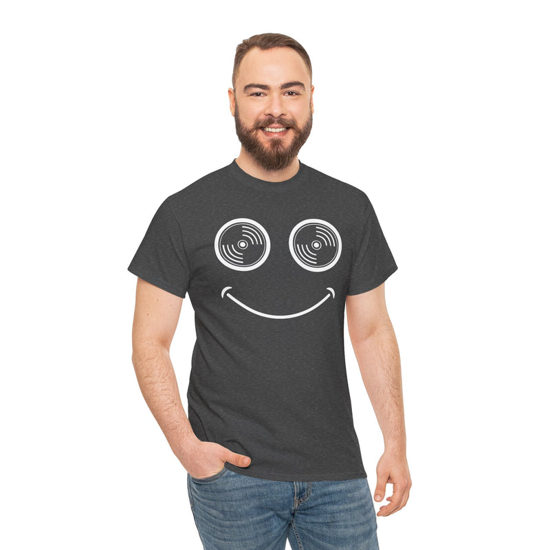 Vinyl Makes Me Happy Men's T-Shirt, close-up detail