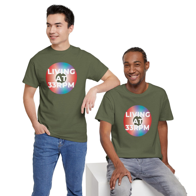 'Living at 33rpm' Men's Vinyl T-Shirt, close-up detail