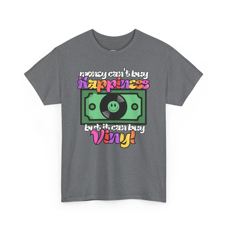 'Money can't buy happiness' Men's Vinyl T-Shirt, size reference