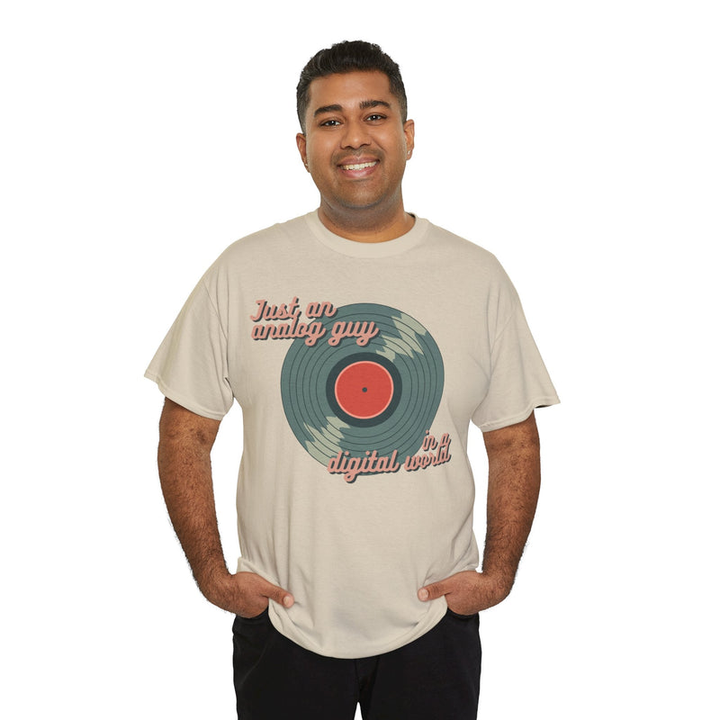 'Just an Analog Guy, In a Digital World' Men's T-Shirt, close-up detail