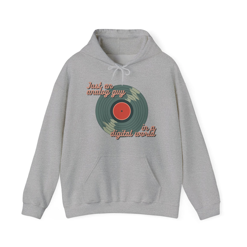 'Just an Analog Guy in a Digital World' Hooded Sweatshirt, rear view