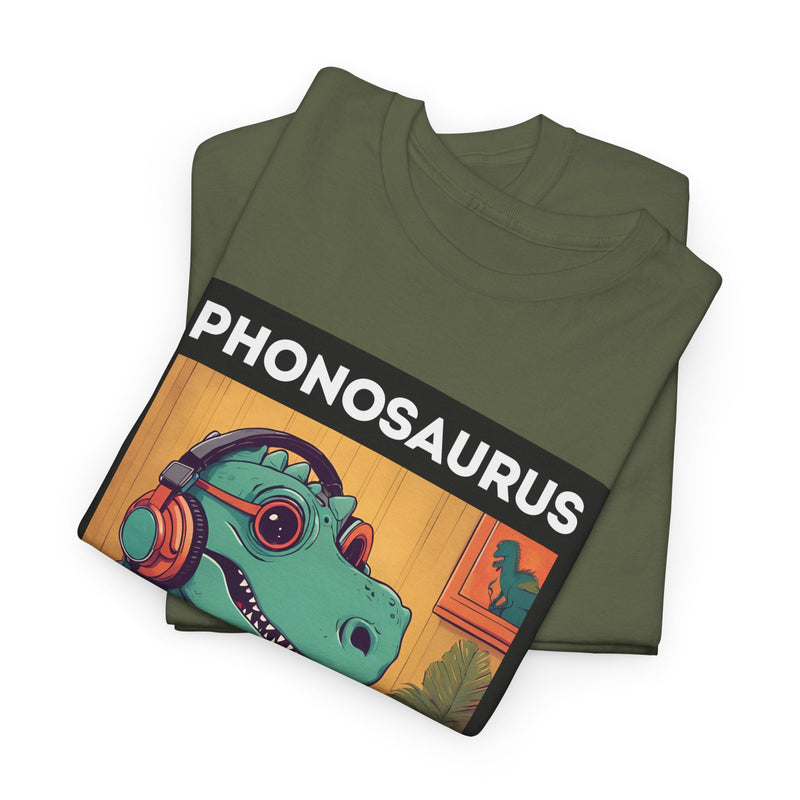 'Phonosaurus' Men's Vinyl T-Shirt, side angle