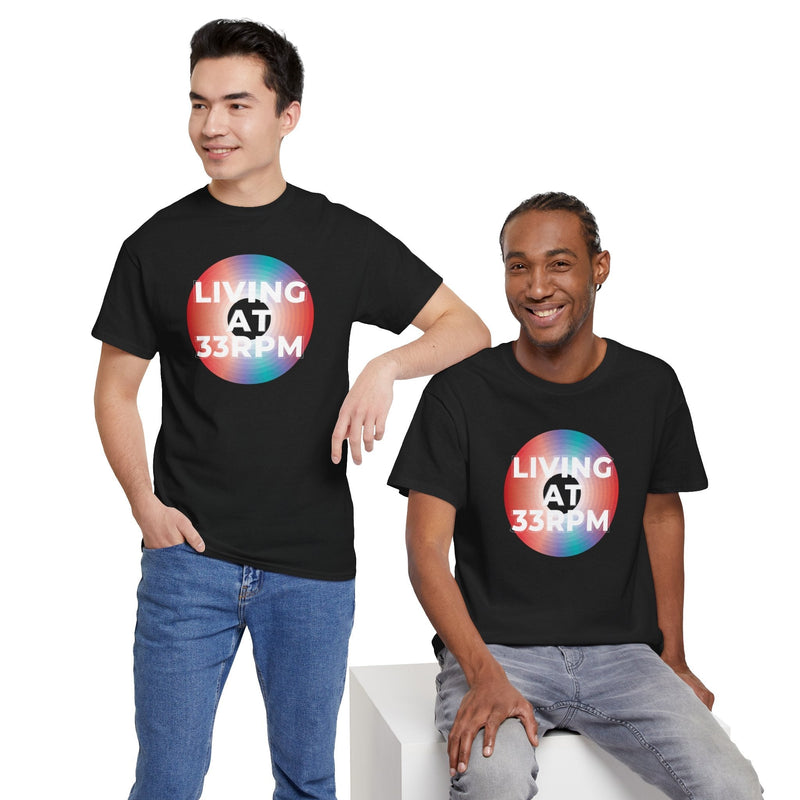 'Living at 33rpm' Men's Vinyl T-Shirt, size reference