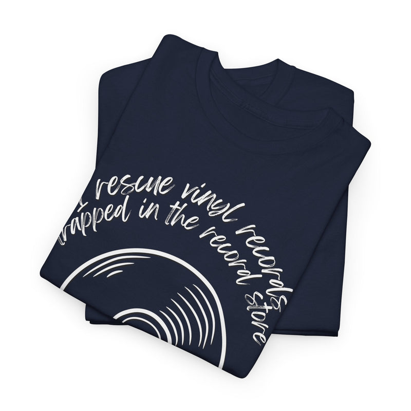 'I'm Not a Hoarder, I'm a Hero' Men's Vinyl T-Shirt, close-up detail