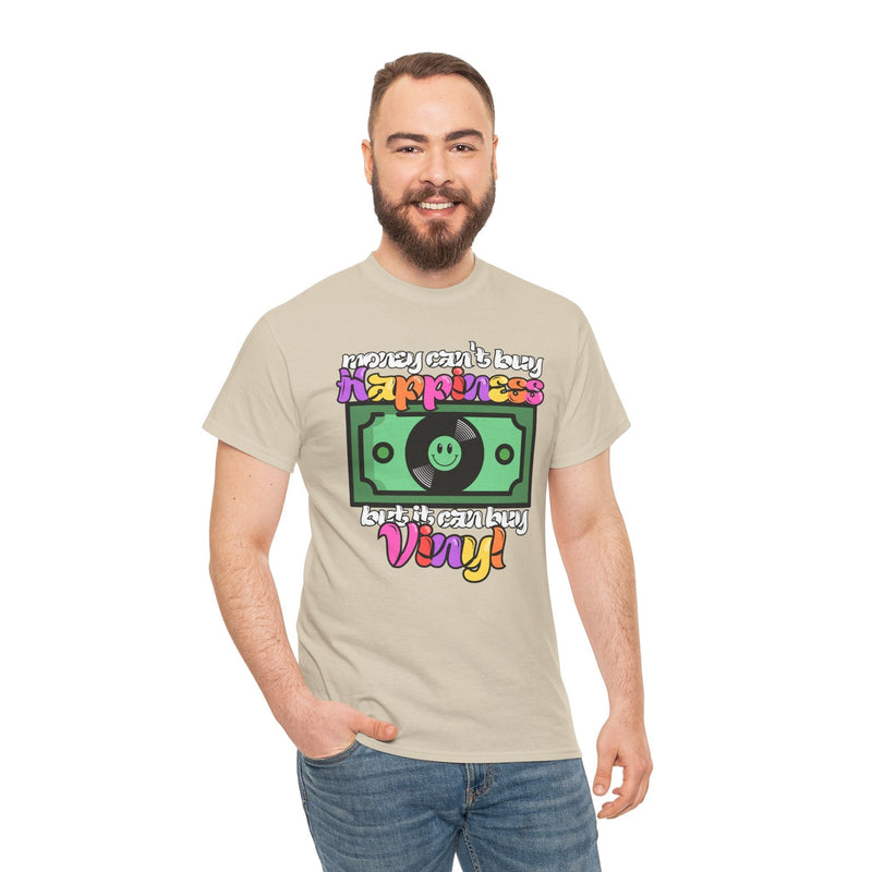 'Money can't buy happiness' Men's Vinyl T-Shirt, showing reverse