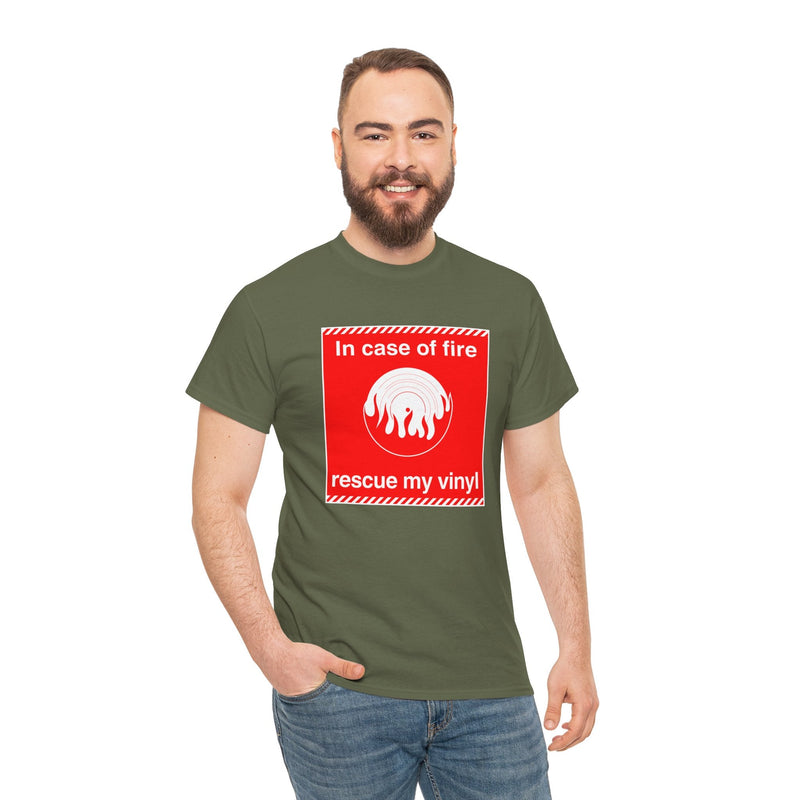 'In Case of Fire, Save My Vinyl' T-Shirt, showing reverse