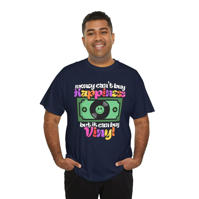 'Money can't buy happiness' Men's Vinyl T-Shirt, side angle