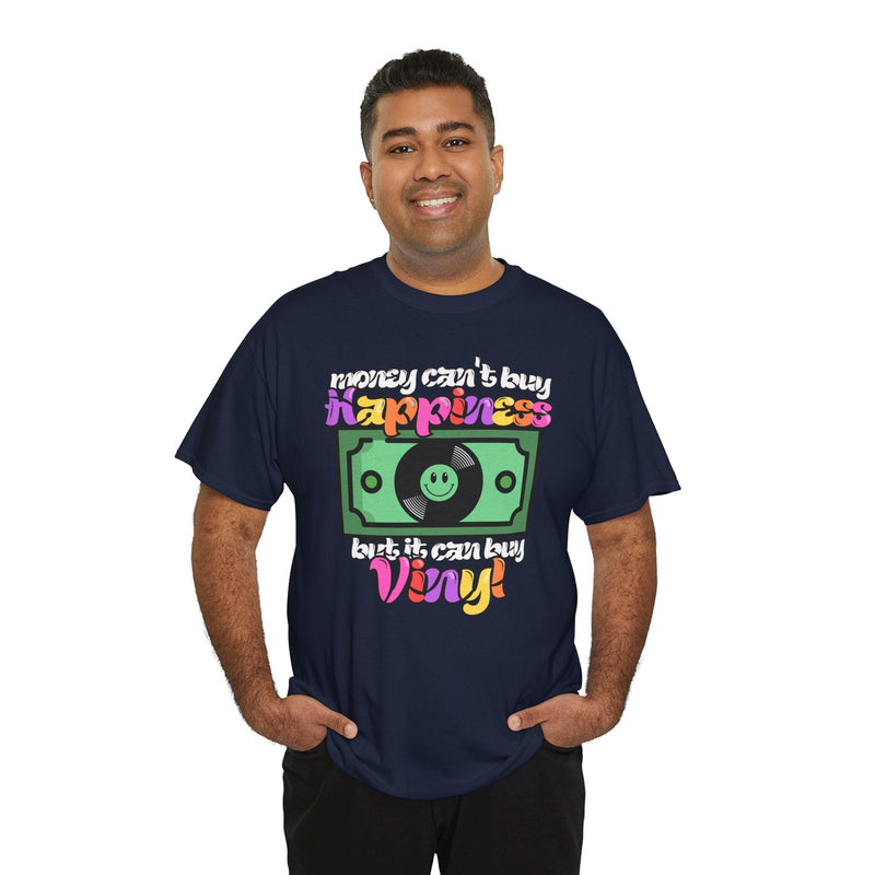 'Money can't buy happiness' Men's Vinyl T-Shirt, side angle