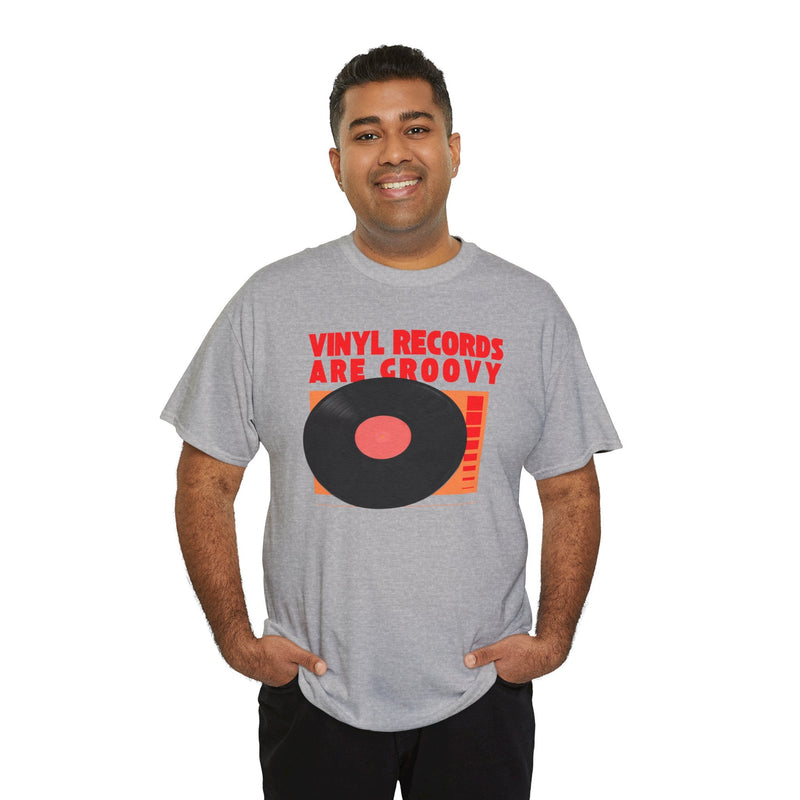 'Vinyl Records Are Groovy' Bold T-Shirt, side angle