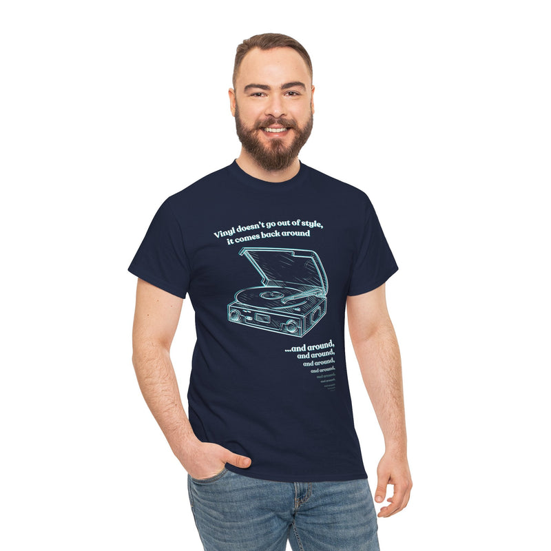 'Vinyl Doesn't Go Out Of Style' Men's T-Shirt, close-up detail