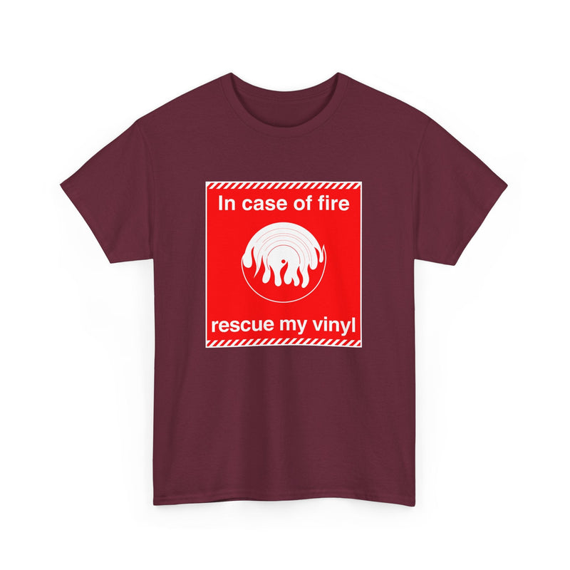 'In Case of Fire, Save My Vinyl' T-Shirt, in display
