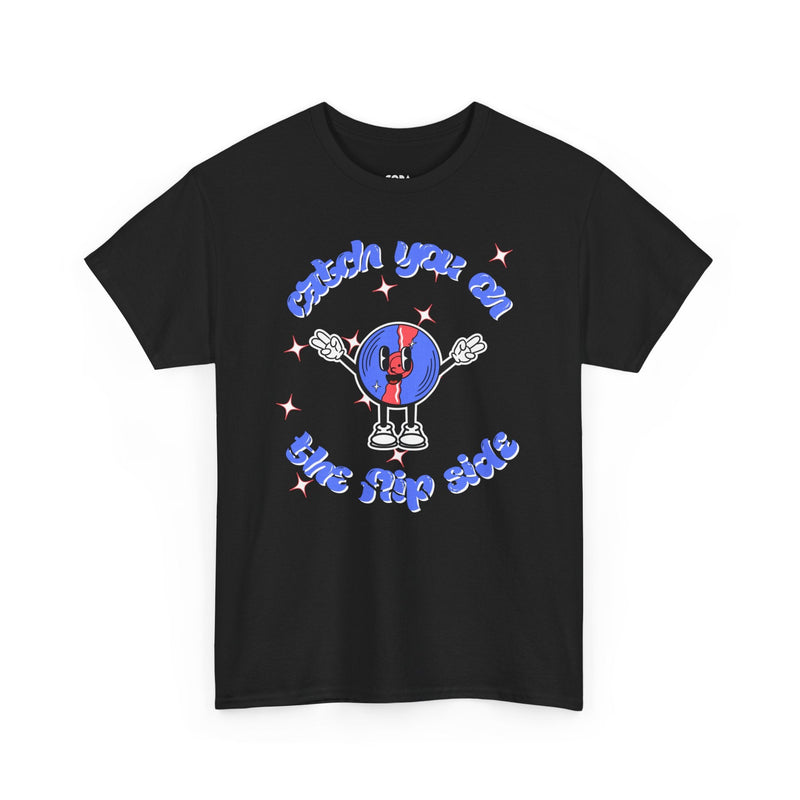 'Catch You On The Flip Side' Men's Vinyl T-Shirt, size reference