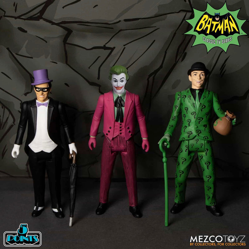 Batman (1966) 5 Points Deluxe Boxed Set With 7 Figures, Batmobile & Batcave Diorama packaging view