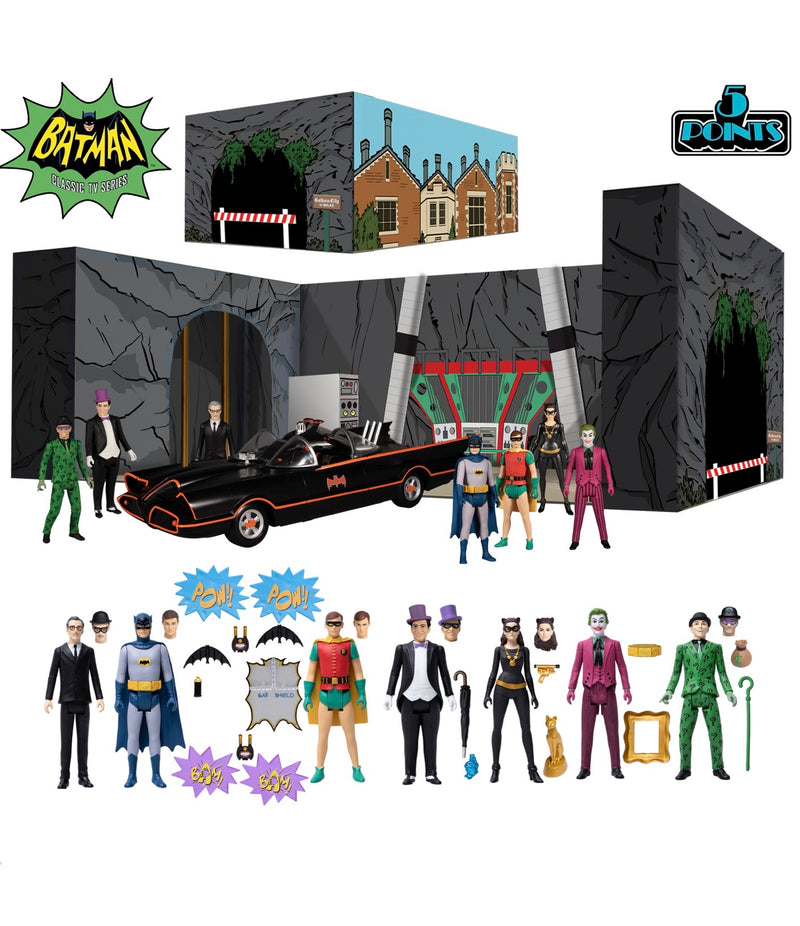 Batman (1966) 5 Points Deluxe Boxed Set With 7 Figures, Batmobile & Batcave Diorama front view