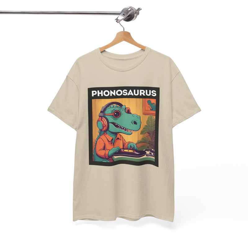 'Phonosaurus' Men's Vinyl T-Shirt, side angle