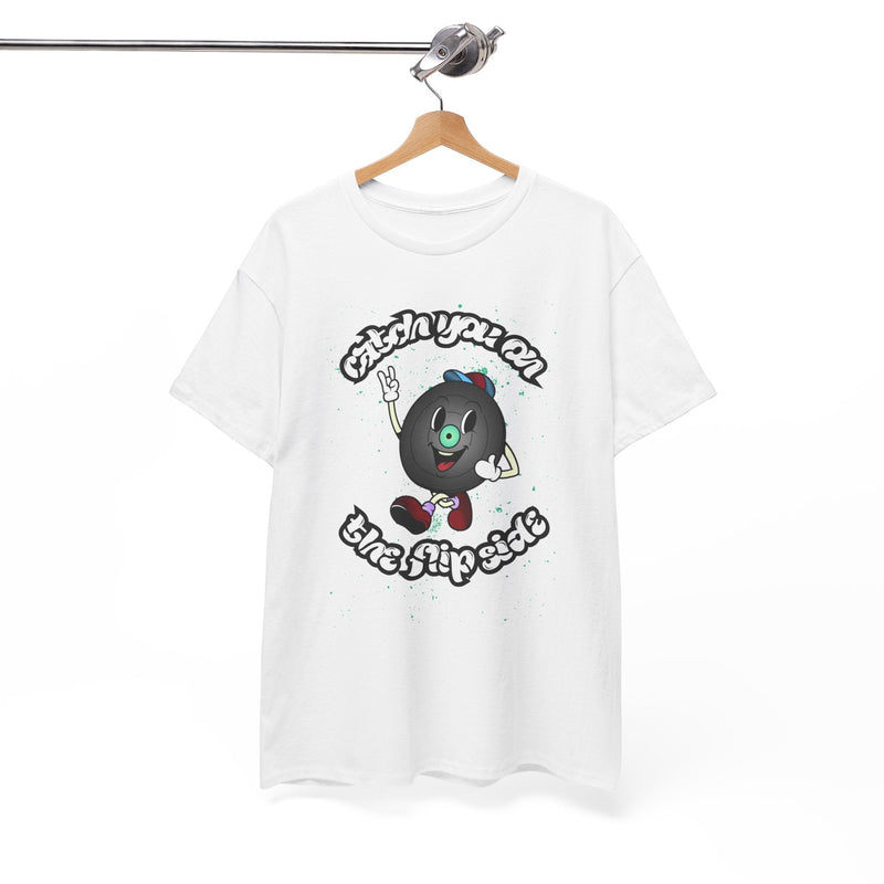 'Catch You On The Flip Side' Men's Vinyl T-Shirt, side angle