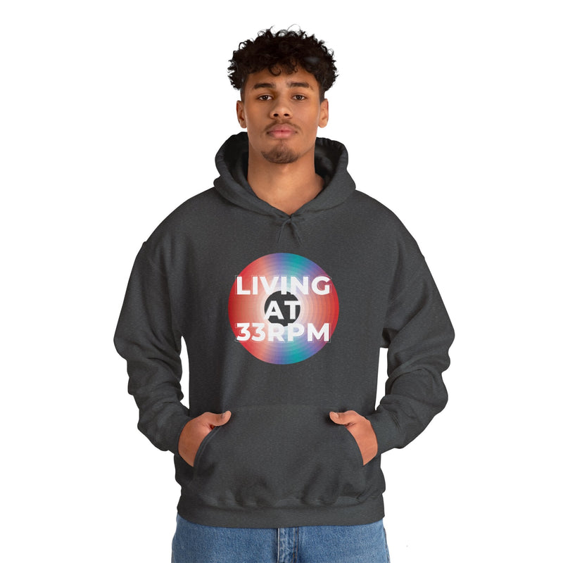 'Living at 33rpm' Men's Hoodie, packaging shot