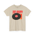 'Vinyl Records Are Groovy' Bold T-Shirt, size reference