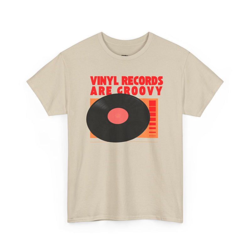 'Vinyl Records Are Groovy' Bold T-Shirt, size reference