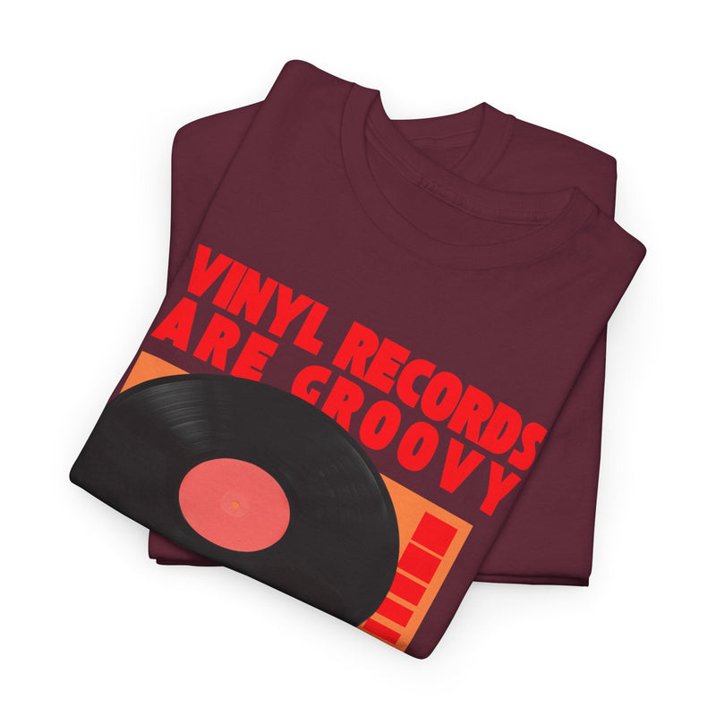 'Vinyl Records Are Groovy' Bold T-Shirt, side angle