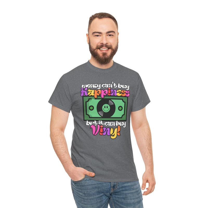 'Money can't buy happiness' Men's Vinyl T-Shirt, side angle