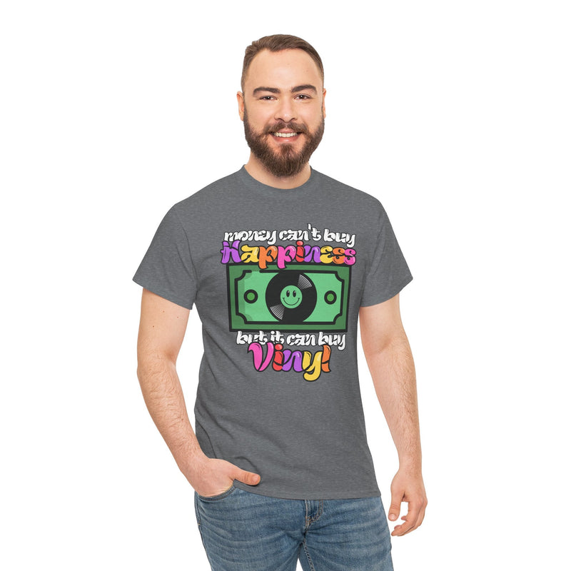 'Money can't buy happiness' Men's Vinyl T-Shirt, side angle