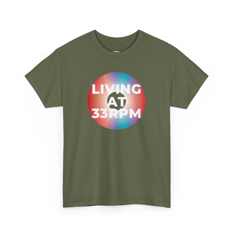 'Living at 33rpm' Men's Vinyl T-Shirt, in display