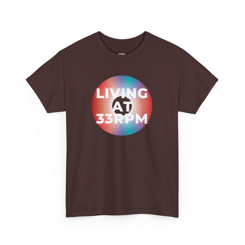 'Living at 33rpm' Men's Vinyl T-Shirt, size reference