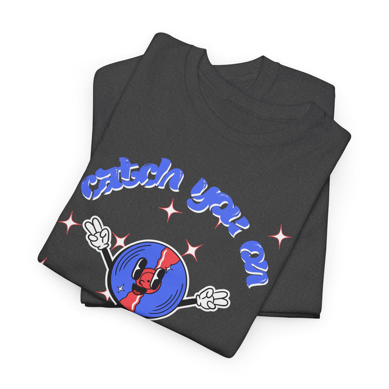 'Catch You On The Flip Side' Men's Vinyl T-Shirt, showing reverse