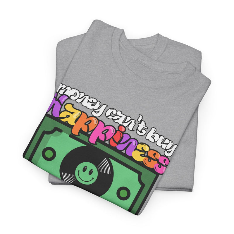 'Money can't buy happiness' Men's Vinyl T-Shirt, showing reverse