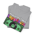 'Money can't buy happiness' Men's Vinyl T-Shirt, showing reverse