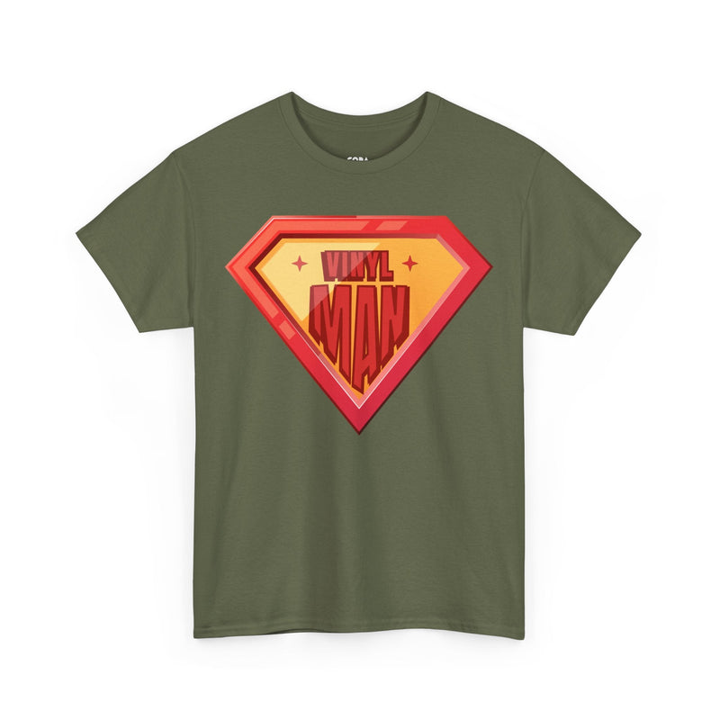 'Vinyl Man' Men's Superhero T-Shirt, close-up detail