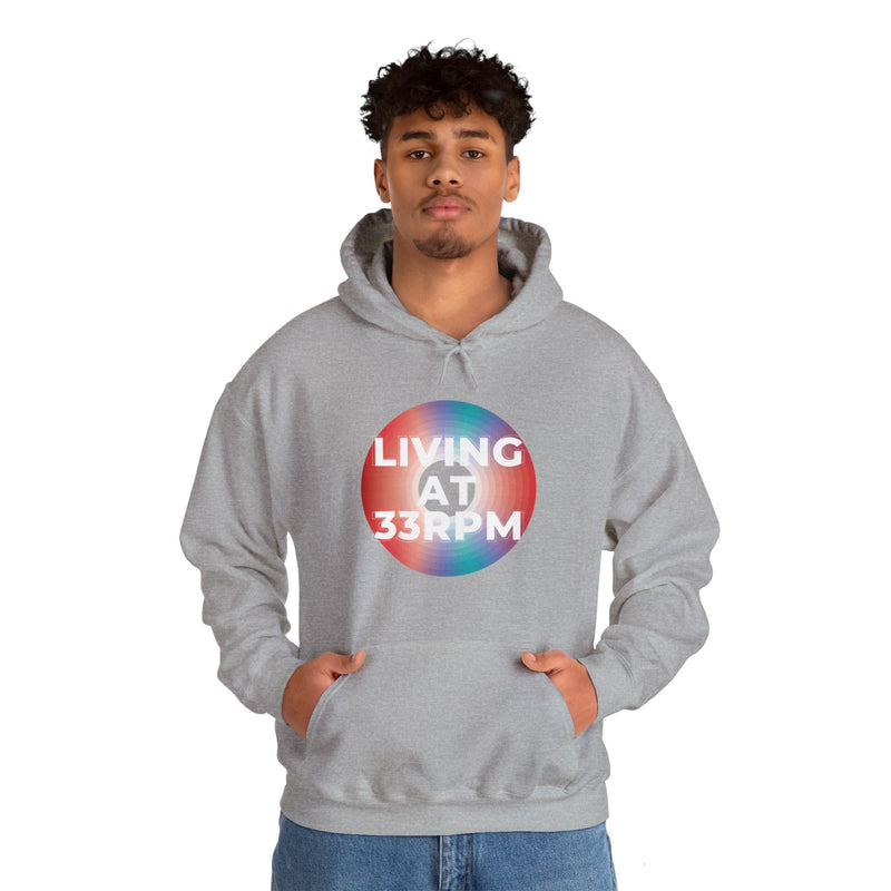 'Living at 33rpm' Men's Hoodie, close-up detail