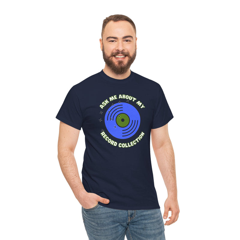 'Ask Me About My Record Collection' Men's T-Shirt, close-up detail