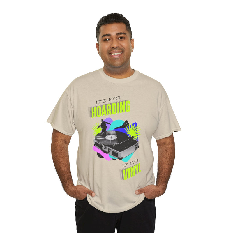 'It's Not Hoarding If It's Vinyl' Flouro Men's T-Shirt, size reference