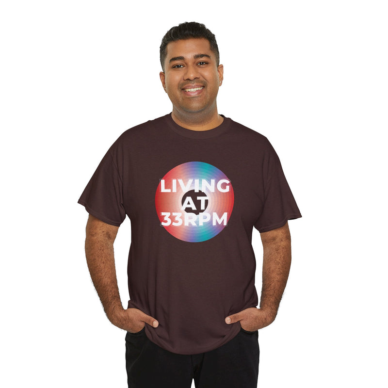 'Living at 33rpm' Men's Vinyl T-Shirt, side angle