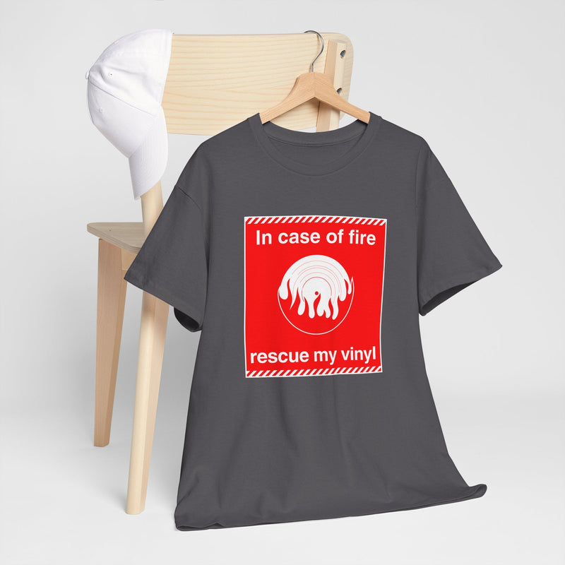 'In Case of Fire, Save My Vinyl' T-Shirt, size reference