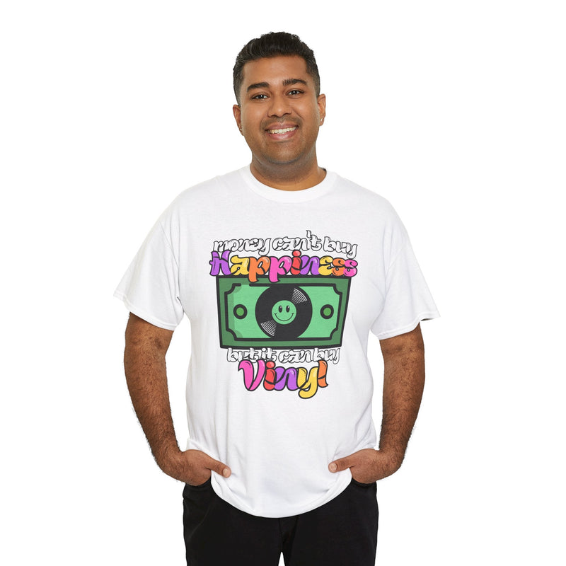 'Money can't buy happiness' Men's Vinyl T-Shirt, packaging shot