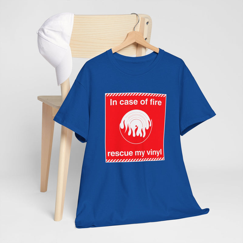 'In Case of Fire, Save My Vinyl' T-Shirt, in display