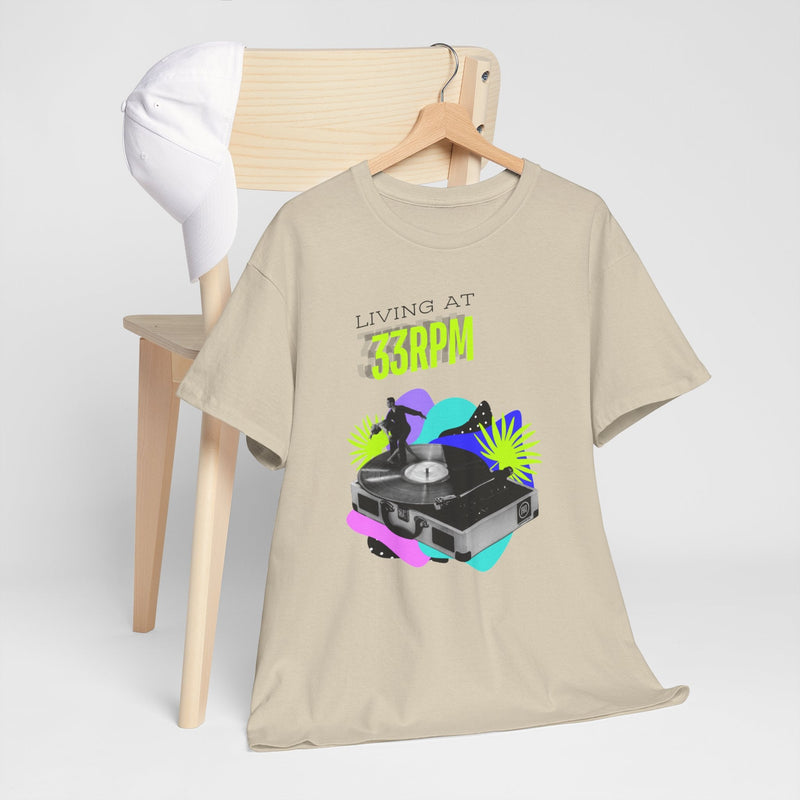 'Living at 33rpm' Flouro Men's T-Shirt, showing reverse