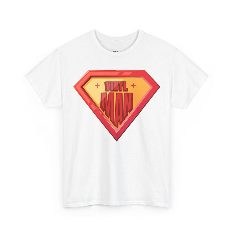 'Vinyl Man' Men's Superhero T-Shirt, size reference