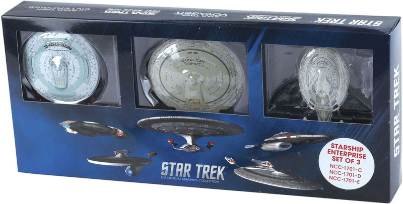 U.S.S. Enterprise Set of 3 - 1701-C, 1701-D, 1701-E Diecast Model Ships (Eaglemoss / Star Trek), rear view