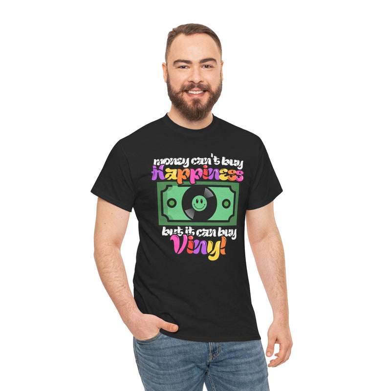 'Money can't buy happiness' Men's Vinyl T-Shirt, packaging shot