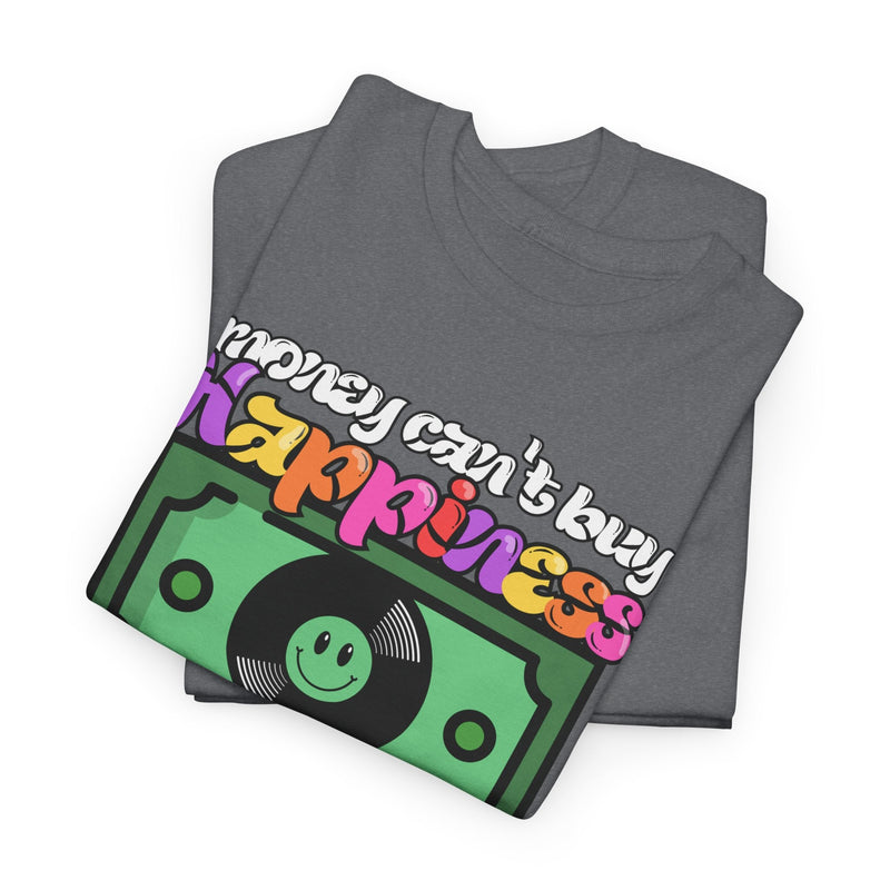 'Money can't buy happiness' Men's Vinyl T-Shirt, showing reverse
